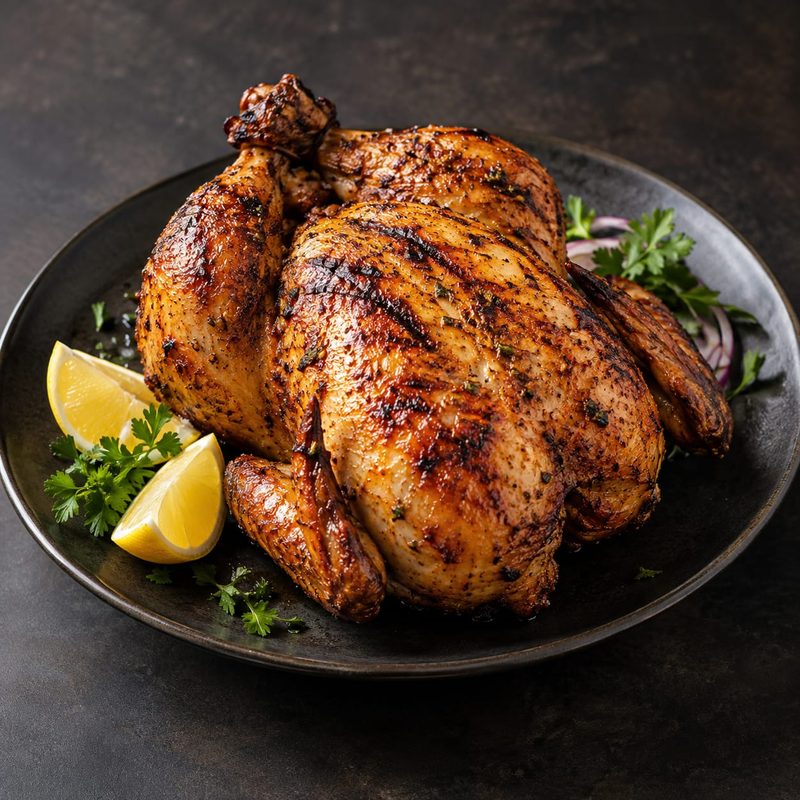 A whole grilled chicken on a dark plate with lemon wedges